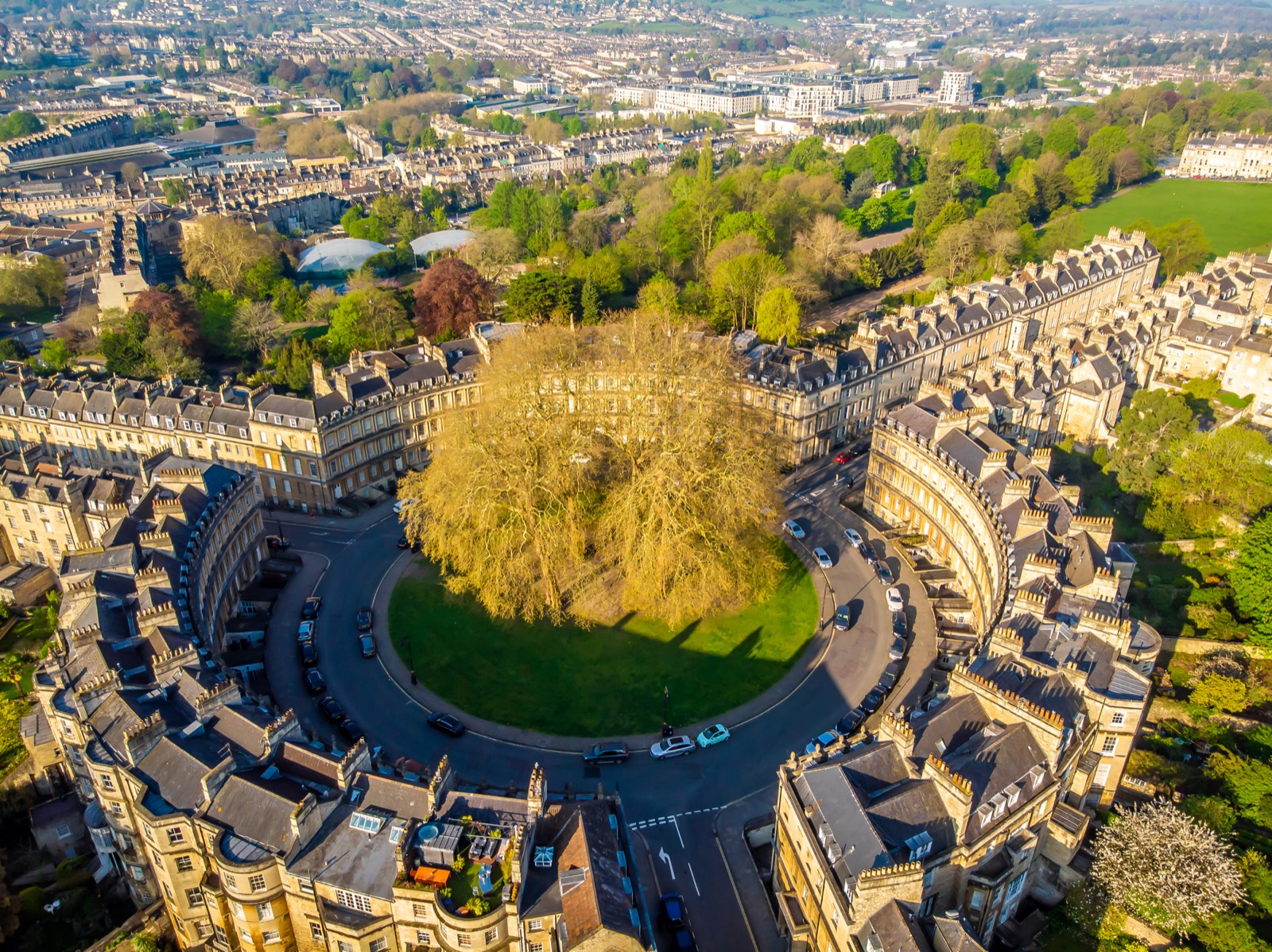 Aerial view of The Circus, Bath's iconic Georgian crescent