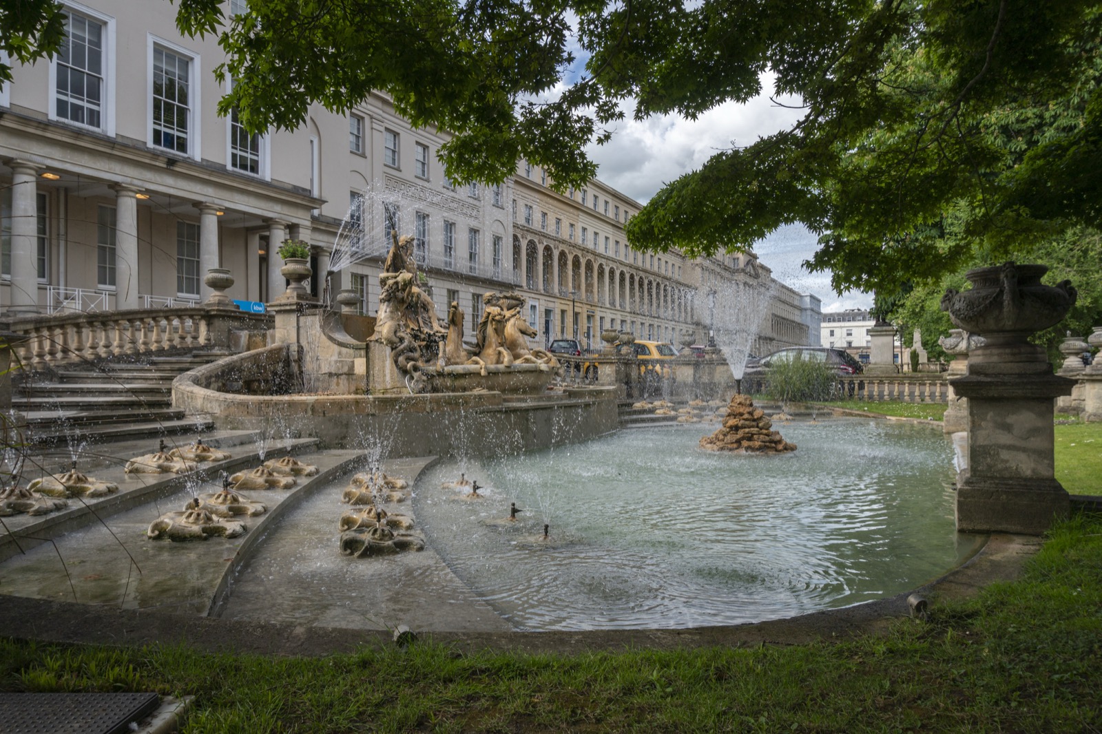 Neptune Fountain on Cheltenham's Promenade with Regency architecture