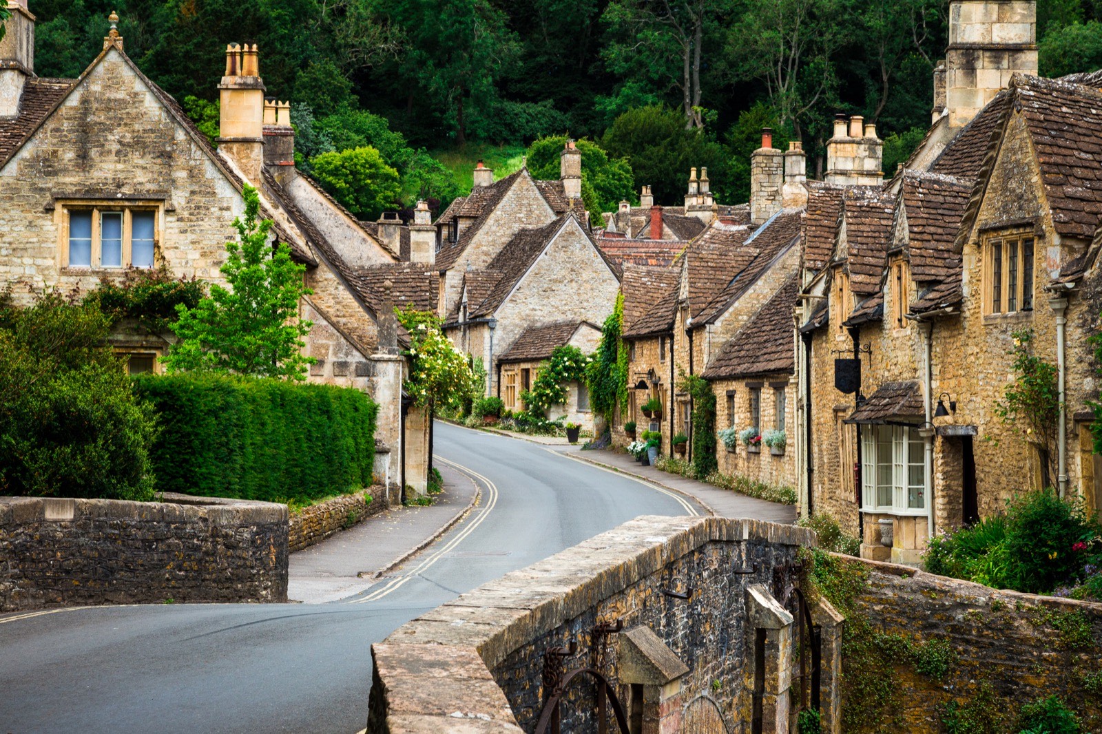 Honey-stone cottages lining a village street in the Cotswolds