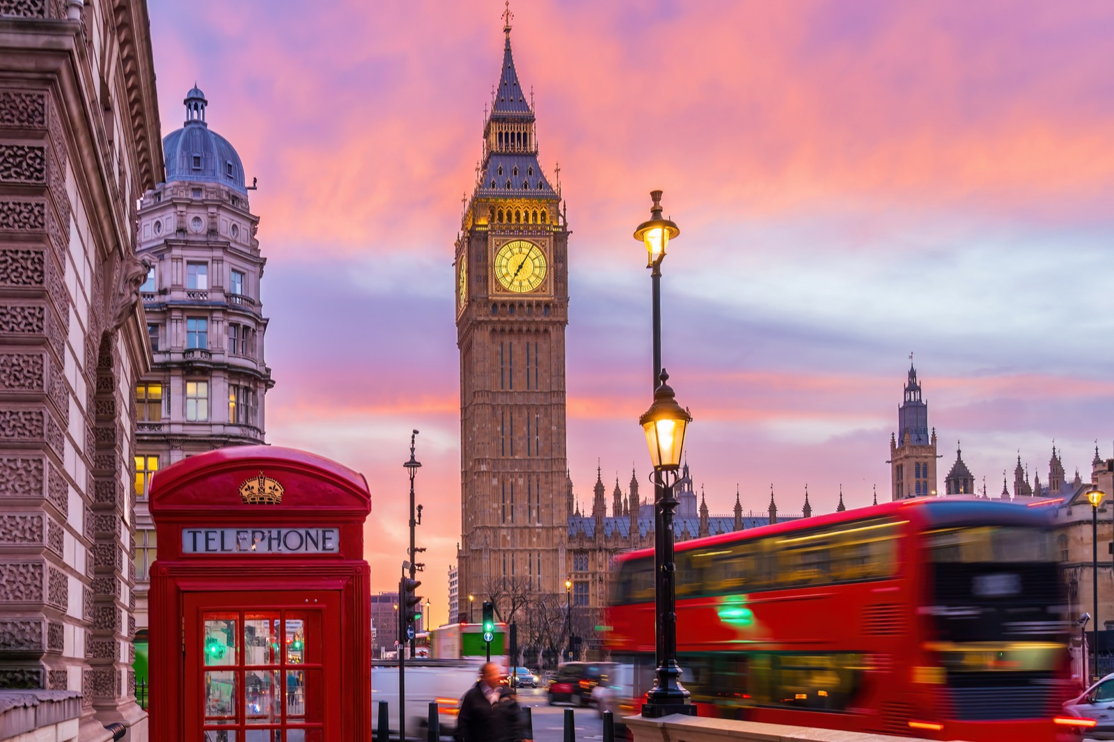 Big Ben and red telephone box at sunset, London
